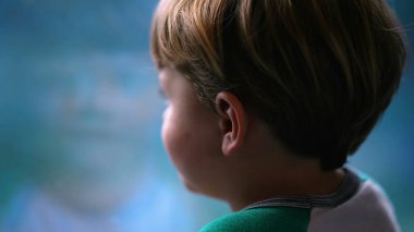 Back of little boy traveling by train looking at landscape passing by in slow motion. Passenger child on a trip inside high speed transportation