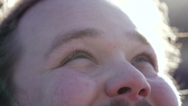 Spiritual Young Man Closeup Eyes Looking Sky Smiling Feeling Gratitude — Stockvideo