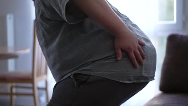 One Overweight Man Having Back Pain Getting Couch Sedentary Fat — Stock videók