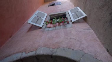 European building facade architecture antique window. Traditional buildings in France