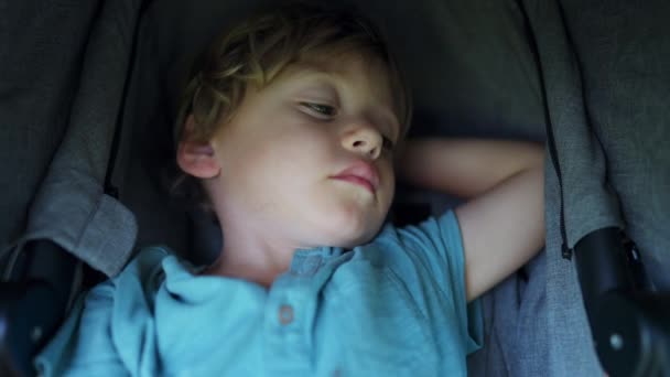 Drowsy Little Boy Sitting Stroller Nap Child Awake Napping — Wideo stockowe