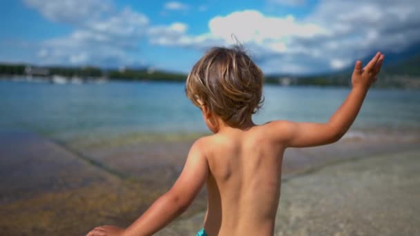 One Small Boy Falling Beach Shore Child Falls Trial Error — Stock Video