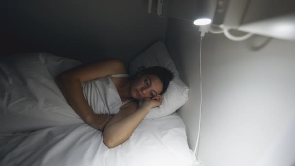 Person Going Bed Woman Turns Lampside Switch Lamp Preparing Sleep — Vídeos de Stock