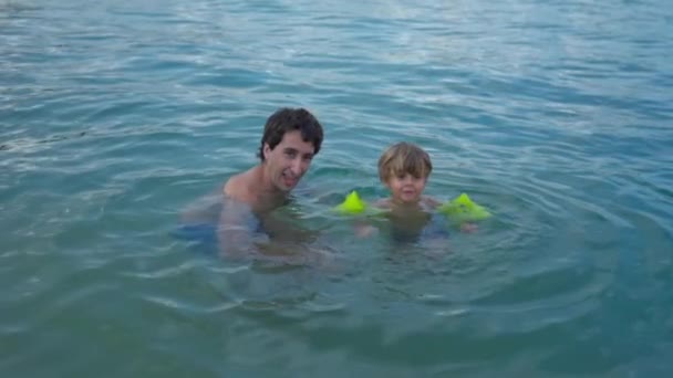 Father Son Swimming Beach Water One Small Boy Bonding Dad — Wideo stockowe