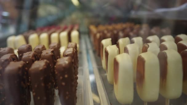 Ice Creams Display Glass Refrigerator Chocolate Vanilla Sweet Dessert Snack — Wideo stockowe