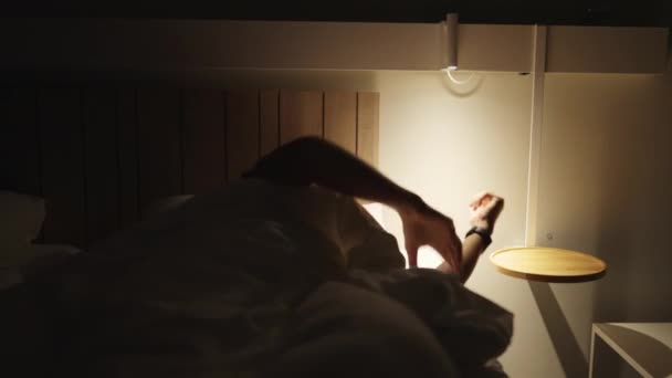 Person Waking Middle Night Unable Sleep Young Man Suffering Insomnia — Stockvideo