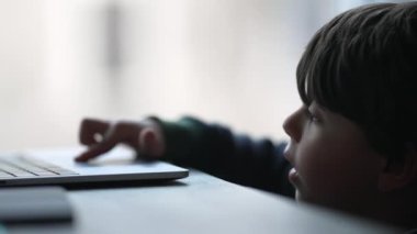 Dizüstü bilgisayar kullanan gizli bir çocuk. Yüzü kapatan çocuk perdeye bakarken piste dokunuyor.