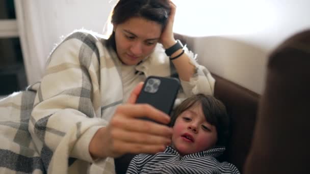 Mother Holding Phone Child Speak Family Member Video Conference Family — Stockvideo