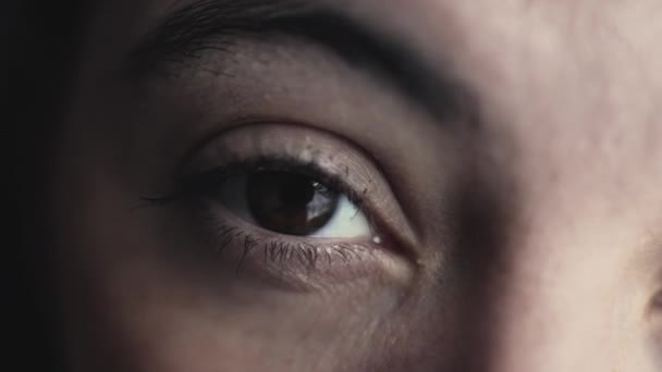 Extreme Macro Closeup Γυναίκα Ένα Μάτι Γυναίκα Κοιτάζοντας Κάμερα — Αρχείο Βίντεο