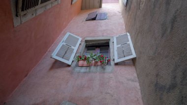 European building facade architecture antique window. Traditional buildings in France