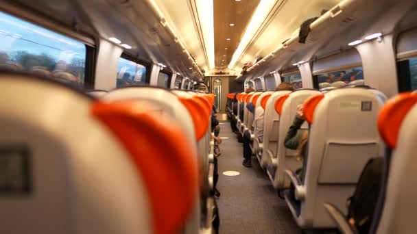 Back Train Perspective Interior Highspeed Transportation Corridor Passengers Seated Transport — Video Stock