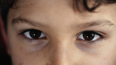 Macro closeup of child eyes staring at camera. Small boy eye
