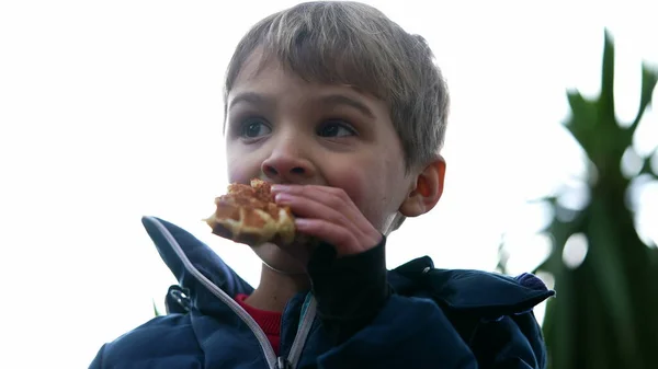 Child Eating Belgum Waffle Outdoors Little Boy Enjoying Chocolate Sweet — Foto Stock
