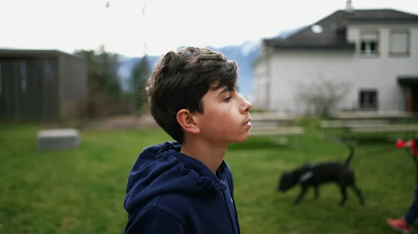Thoughtful Handsome Teen Young Boy Walking Forward Park Tracking Shot — 스톡 사진