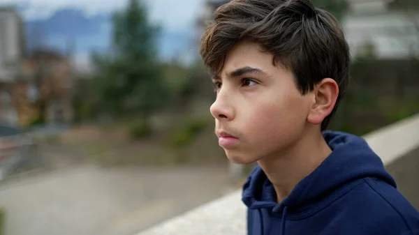 Teen Kid Stands Park Staring Horizon Meditation Tracking Shot Young — ストック写真