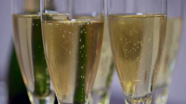 Close Trails Bubbles Going Champagne Glasses — Stock Photo, Image