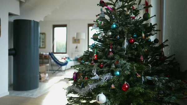 Großer Weihnachtsbaum Heimischen Wohnzimmer Weihnachtsdekoration Dezember — Stockfoto
