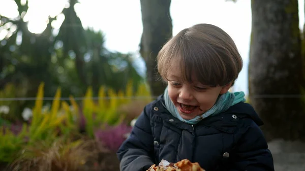One Happy Child Smiling While Eating Sweet Food Joyful Boy — Foto Stock