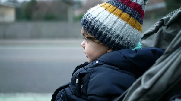 Parent Strolling Child Winter Season Kid Wearing Warm Clothes Beanie Royalty Free Stock Photos