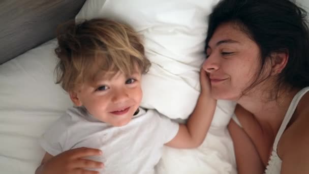 Closeup Little Boy Son Laying Bed Mom Weekend Happiness Family — Stock Video