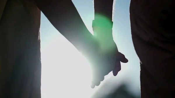 Close Hands Joining Together Sunlight Flare Background Beautiful Romantic Moment — Stock Photo, Image