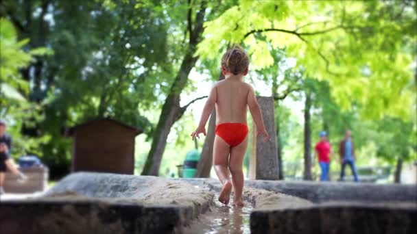 Zadní Část Roztomilého Dítěte Červených Plavkách Venku Parku Během Slunečného — Stock video