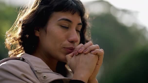 Peaceful Woman Praying God Closing Eyes Spiritual Religious Having Hope — Stock Video