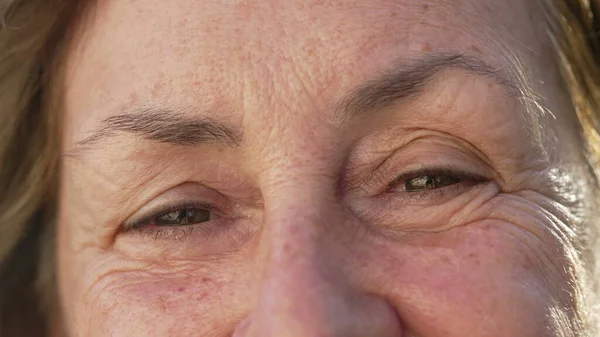 Seorang Wanita Senior Yang Bahagia Macro Closeup Mata Tersenyum Berusia — Stok Foto
