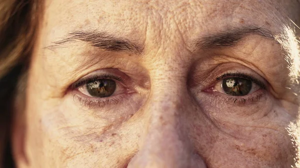 Macro Olhos Perto Mulher Mais Velha Olhando Para Câmera Pessoa — Fotografia de Stock