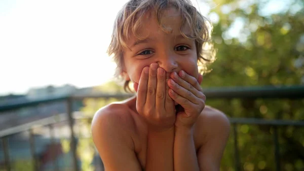 Bashful Little Boy Kid Shocked Covering Mouth Hands Mistake Standing — Stock Photo, Image