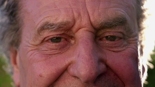 stock image Macro close up of a happy wise wrinkled senior man eyes looks at camera smiling