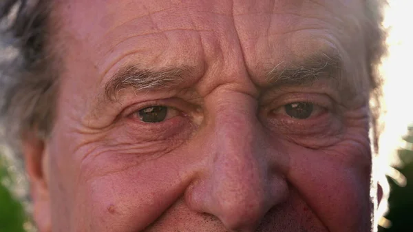 Makro Mutlu Bilge Kırışık Yaşlı Bir Adamın Gülümseyerek Kameraya Bakışını — Stok fotoğraf