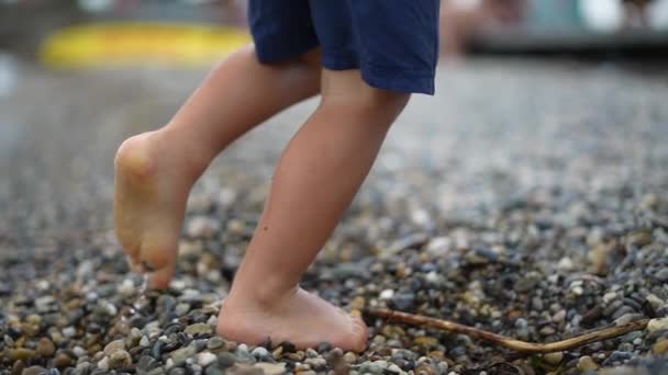 Niños Pies Caminando Orilla Con Pequeñas Rocas Grava Descalzo Niño — Vídeos de Stock