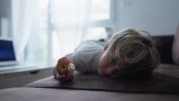 一个小男孩抱着半个吃的苹果躺在沙发上 童年生活方式概念 小孩躺在沙发上 — 图库视频影像