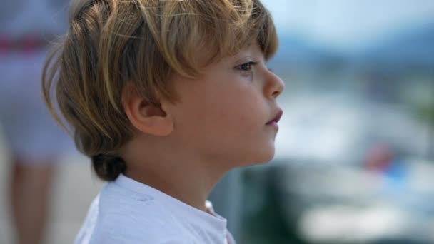 一个沉思的小男孩的亲密的脸在想生活 沉着的孩子凝视着外面的地平线 — 图库视频影像