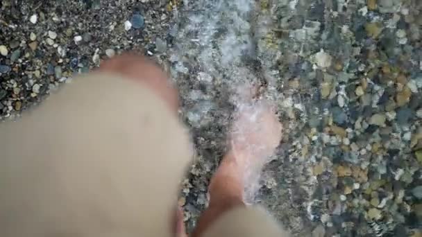 Person Pov Feet Walking Sea Shore Feeling Gravel Rocks Environment — Stock Video