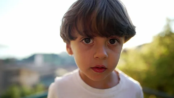 一个可爱的孩子站在室外 在夏日阳光的背光下 一个男小男孩看着相机Sd的画像 — 图库照片