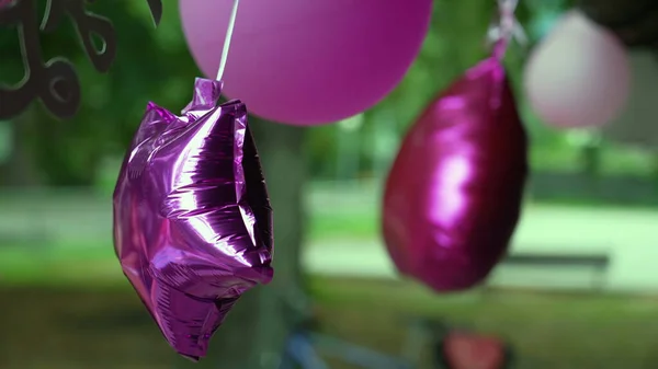 Close up of birthday balloons decoration outside. Purple color with green nature background