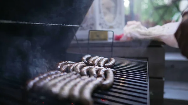 Food Barbecue Backyard Grill Close Sausages Grilling — Stock Photo, Image