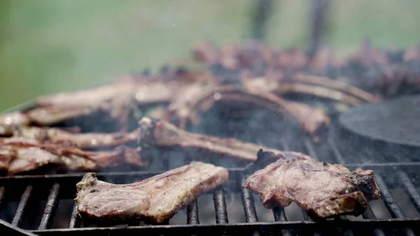 Food Outdoor Barbecue Grill Beef Ribs Bbq Smoke Slow Motion — Stockfoto