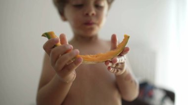 One small boy devouring yellow melon fruit indoors. Portrait face close up of little kid eating healthy snack food