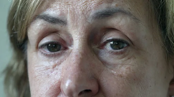 Mature Woman Eyes Looking Camera Concerned Expression Macro Female Senior — Stok Foto
