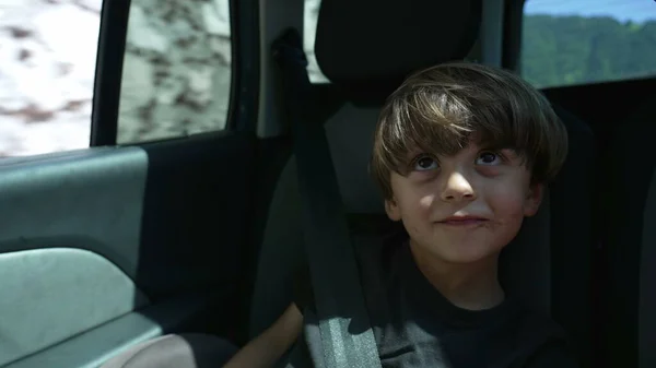 Joyful Kid Traveling Road Seated Car Backseat Wearing Seatbelt Small — Photo