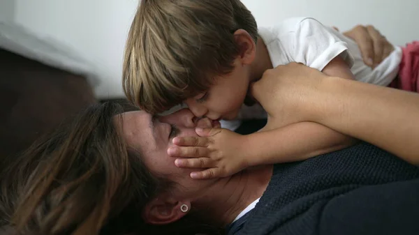 Mother Child Love Affection Little Boy Kissing Mom Lips Family — 스톡 사진