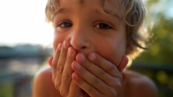 One Cute Little Boy Covering Mouth Hands Feeling Bashful Standing —  Fotos de Stock