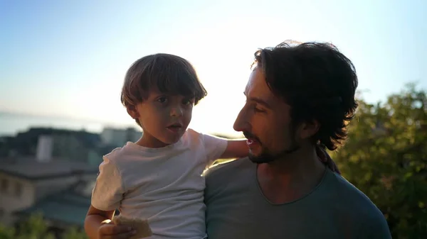 Portrait Father Child Together Sunset Sunlight Dad Holding Small Son — 스톡 사진