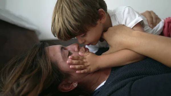 Mother Child Love Affection Little Boy Kissing Mom Lips Family — Stok fotoğraf