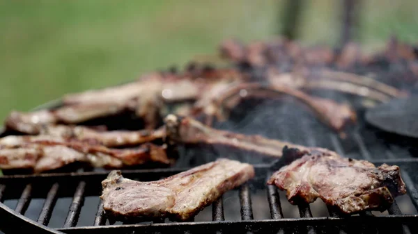 Food Outdoor Barbecue Grill Beef Ribs Bbq Smoke Slow Motion — Zdjęcie stockowe