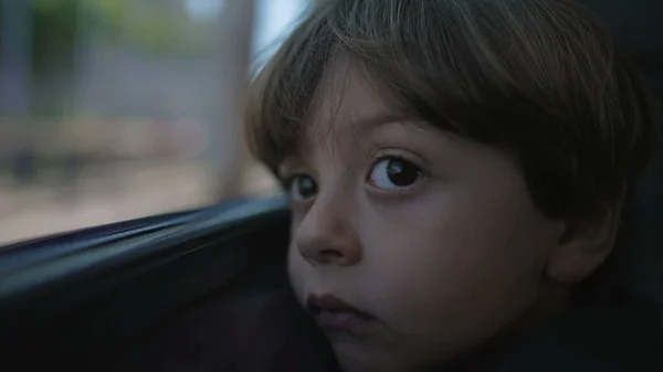 One Sad Little Boy Leaning Train Window Close Face Contemplative — Zdjęcie stockowe