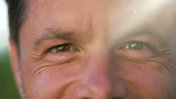 One Happy Man Macro Portrait Face Close Smiling Sunlight Flare — Stock Photo, Image